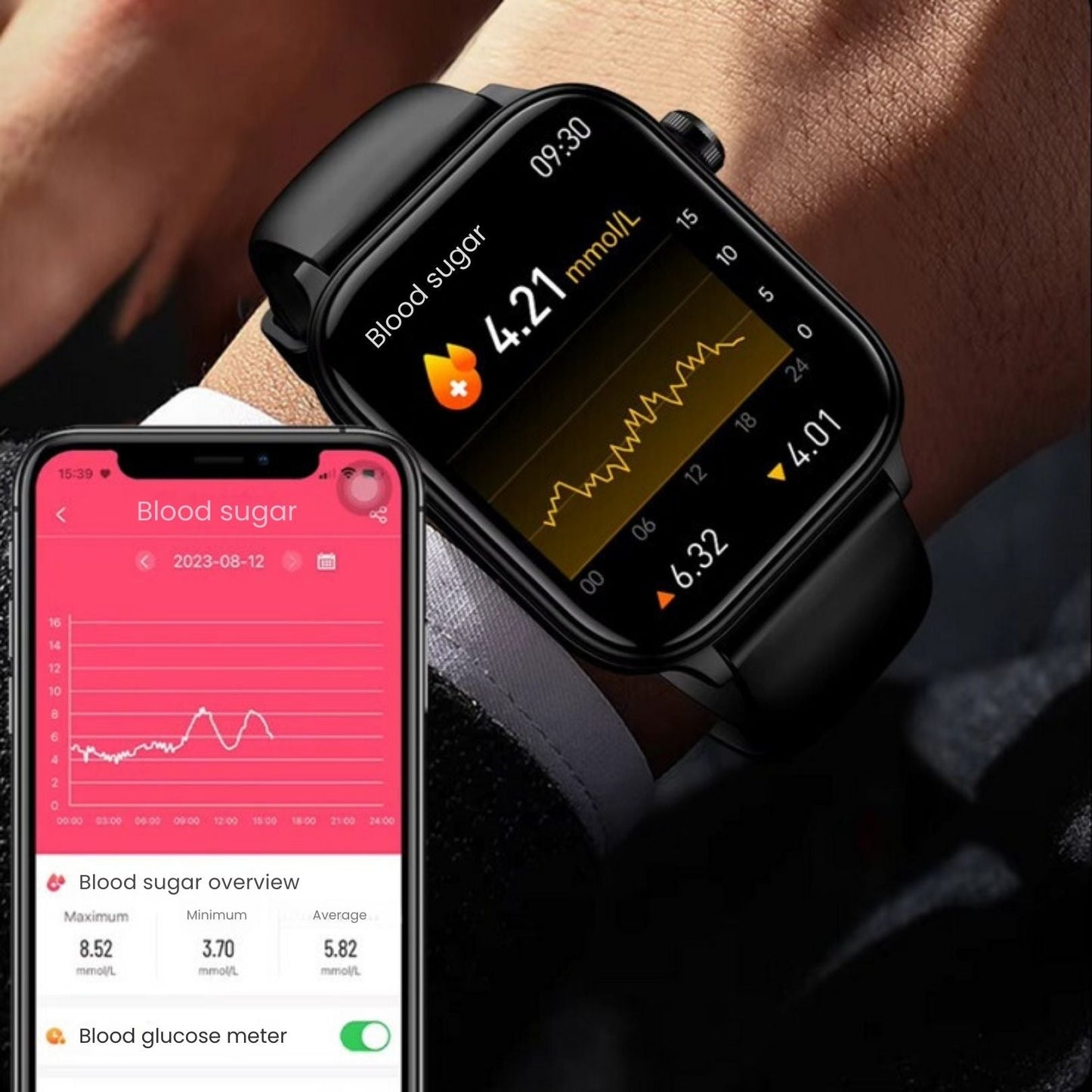 GlucoCare - Non Invasive Blood Glucose Meter SOS Smartwatch | Needle-Free Blood Glucose Monitoring & Fall Detection for Health Tracking and Emergency Assistance