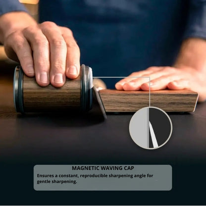 Rolling knife sharpener, simple knife sharpening, rolling sharpening system for kitchen knives, provides 15-20-degree sharpening