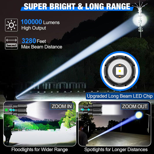 100,000 Lumens Tactical Flashlight | Waterproof, Rechargeable & Ideal for Outdoor Adventures and Emergency Situations