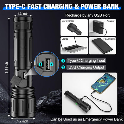 100,000 Lumens Tactical Flashlight | Waterproof, Rechargeable & Ideal for Outdoor Adventures and Emergency Situations