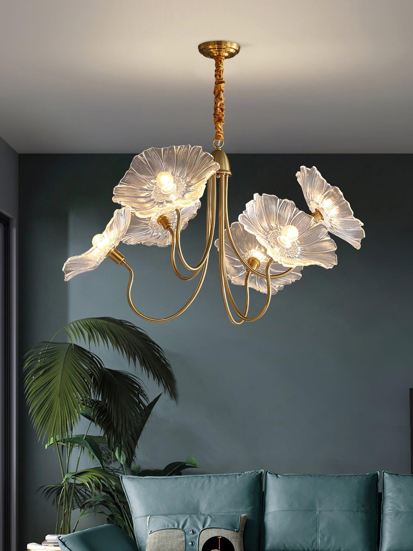 Lotus Leaf Glass Chandelier | Frosted Glass, Gold Finish & Ideal for Indoor Lighting