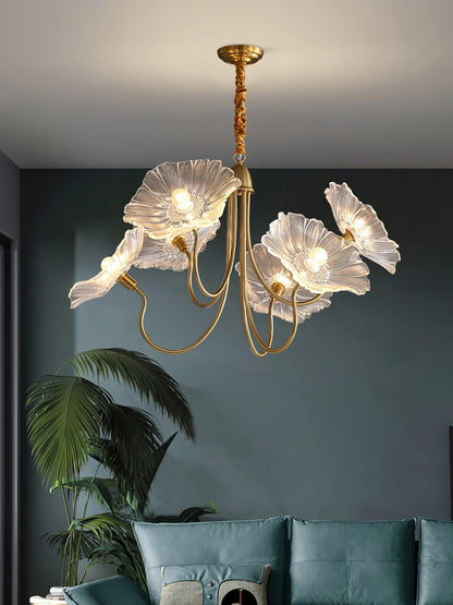 Lotus Leaf Glass Chandelier | Frosted Glass, Gold Finish & Ideal for Indoor Lighting