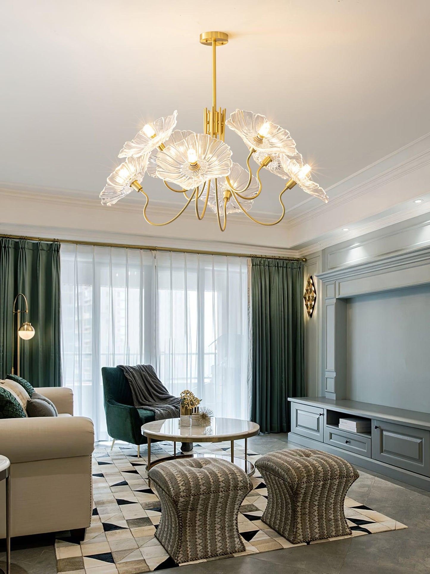 Lotus Leaf Glass Chandelier | Frosted Glass, Gold Finish & Ideal for Indoor Lighting