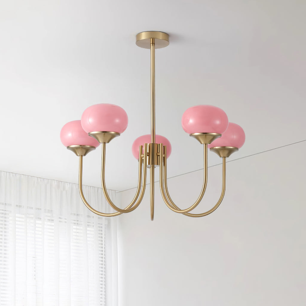 Marshmallow Chandelier | Gold Finish with Pink Glass Shades for Indoor Use & Modern Home Decor