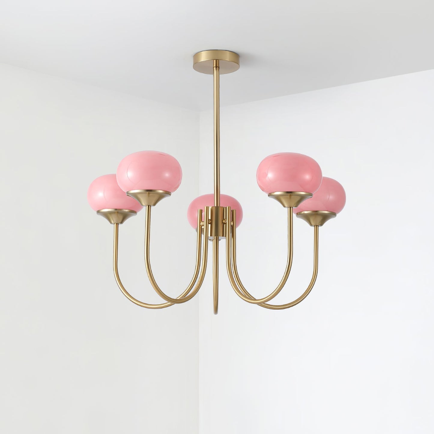 Marshmallow Chandelier | Gold Finish with Pink Glass Shades for Indoor Use & Modern Home Decor