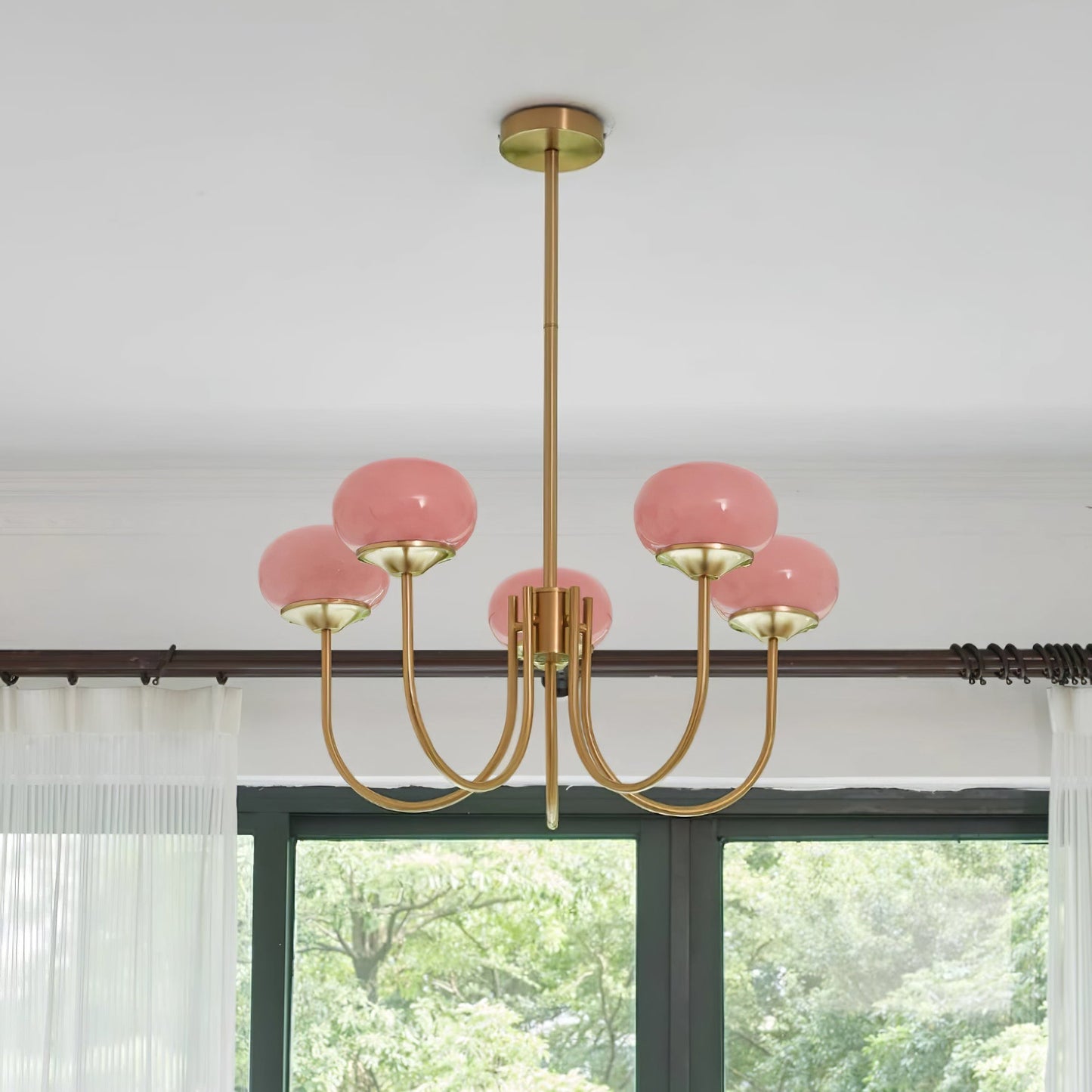 Marshmallow Chandelier | Gold Finish with Pink Glass Shades for Indoor Use & Modern Home Decor