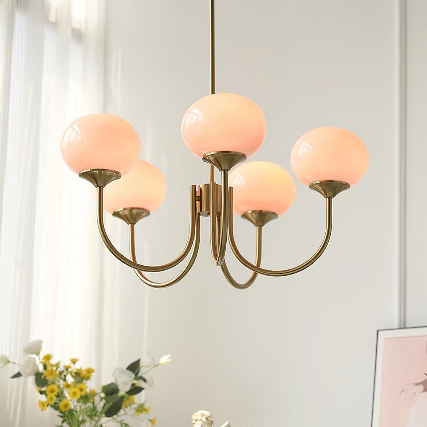 Marshmallow Chandelier | Gold Finish with Pink Glass Shades for Indoor Use & Modern Home Decor