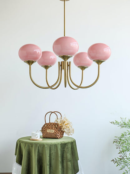 Marshmallow Chandelier | Gold Finish with Pink Glass Shades for Indoor Use & Modern Home Decor