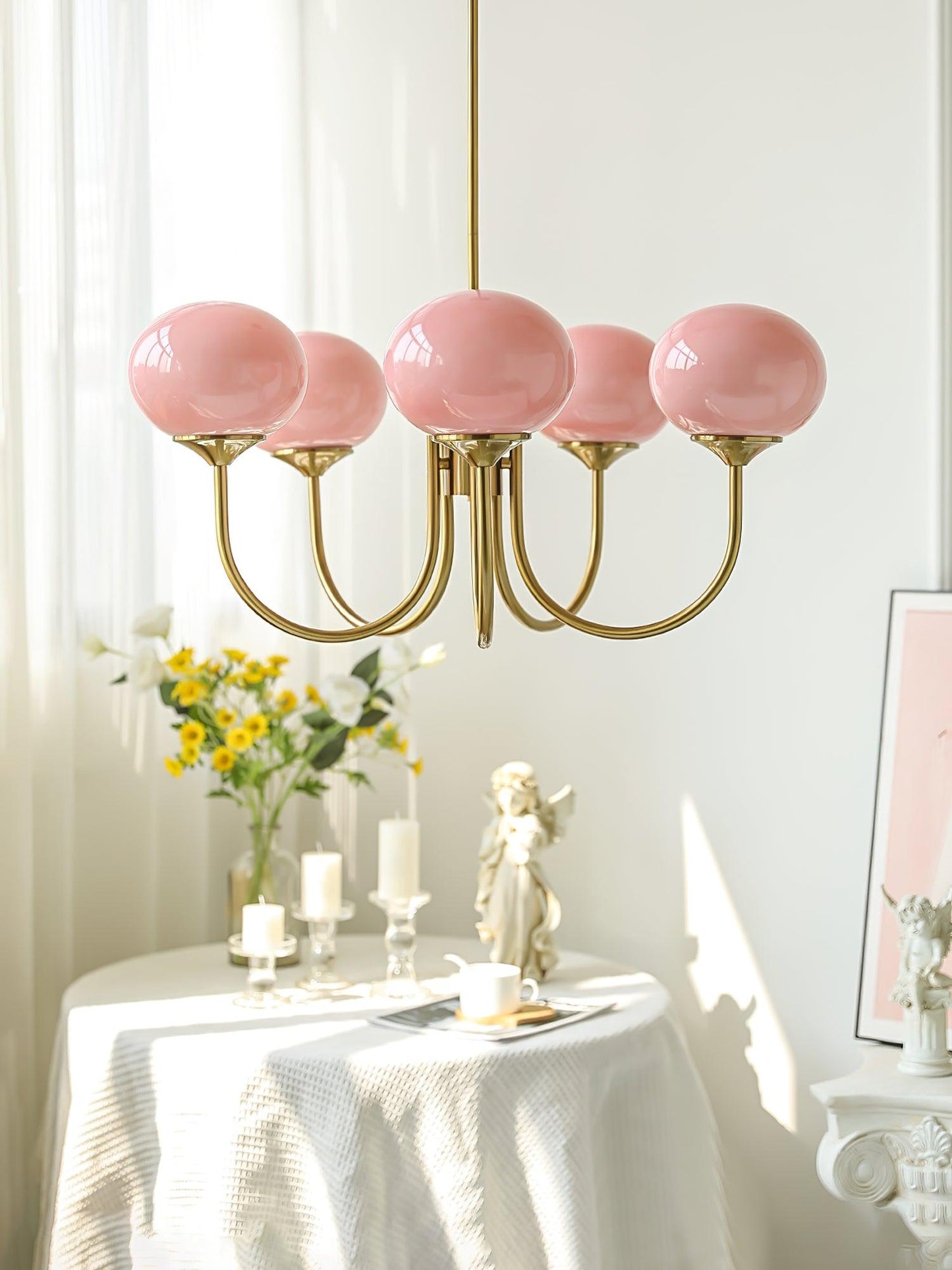 Marshmallow Chandelier | Gold Finish with Pink Glass Shades for Indoor Use & Modern Home Decor