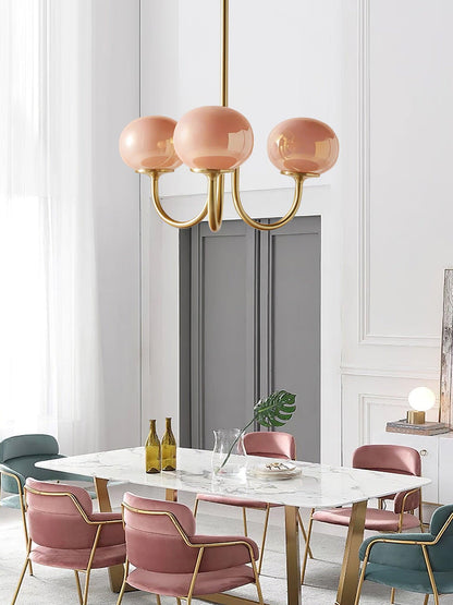 Marshmallow Chandelier | Gold Finish with Pink Glass Shades for Indoor Use & Modern Home Decor