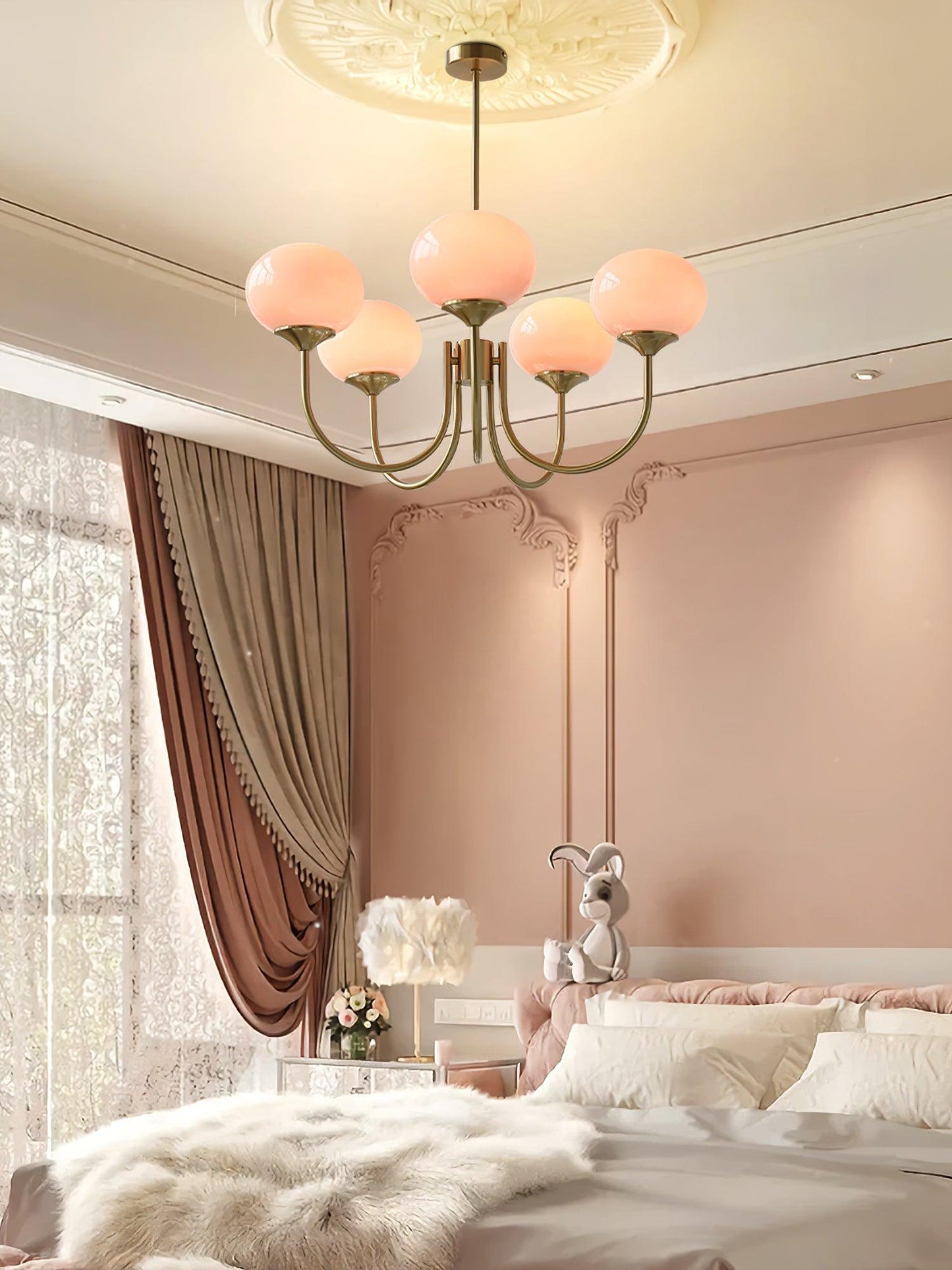 Marshmallow Chandelier | Gold Finish with Pink Glass Shades for Indoor Use & Modern Home Decor