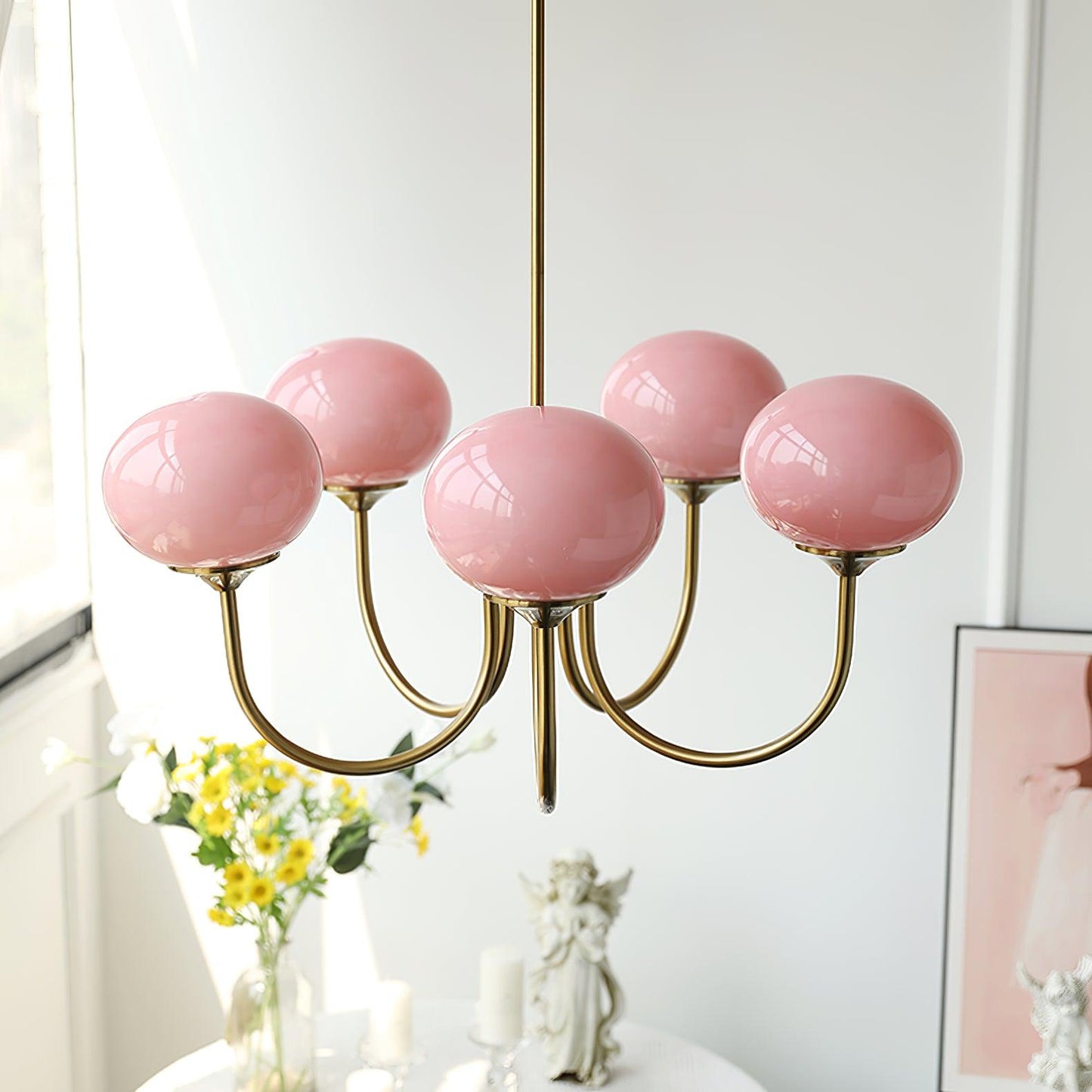 Marshmallow Chandelier | Gold Finish with Pink Glass Shades for Indoor Use & Modern Home Decor