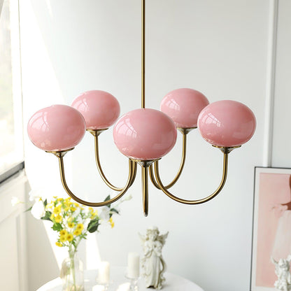 Marshmallow Chandelier | Gold Finish with Pink Glass Shades for Indoor Use & Modern Home Decor