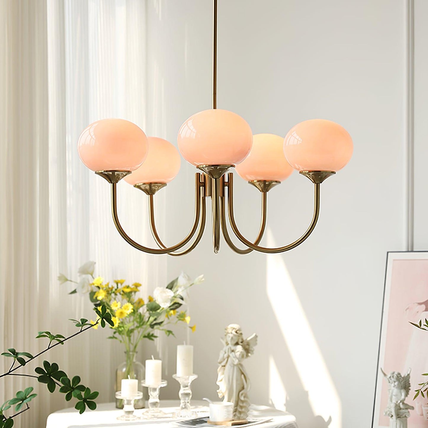 Marshmallow Chandelier | Gold Finish with Pink Glass Shades for Indoor Use & Modern Home Decor