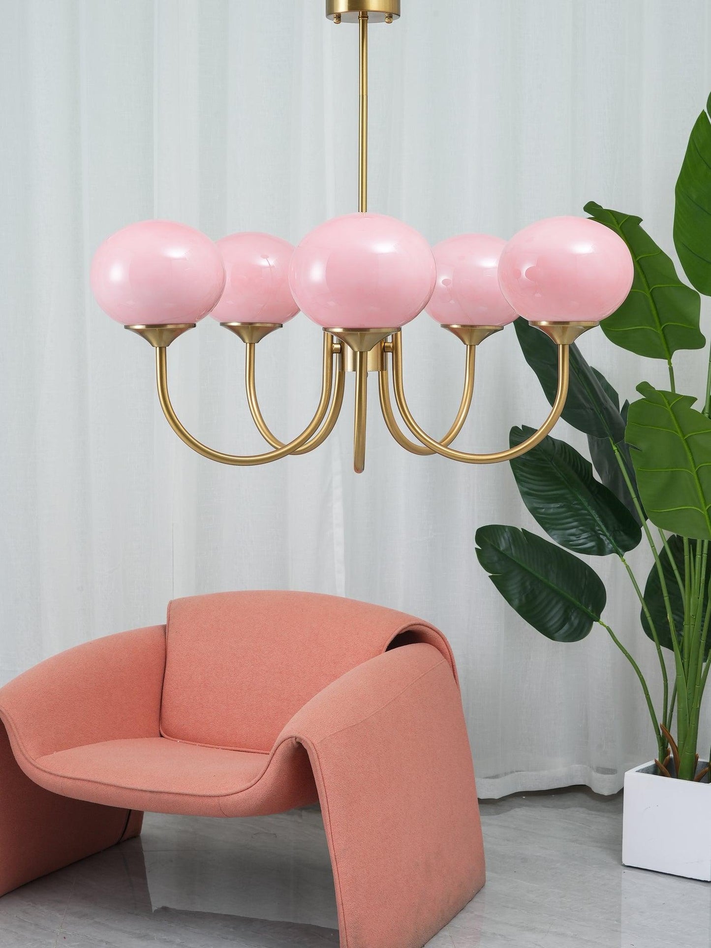 Marshmallow Chandelier | Gold Finish with Pink Glass Shades for Indoor Use & Modern Home Decor