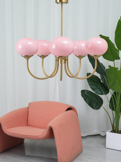 Marshmallow Chandelier | Gold Finish with Pink Glass Shades for Indoor Use & Modern Home Decor