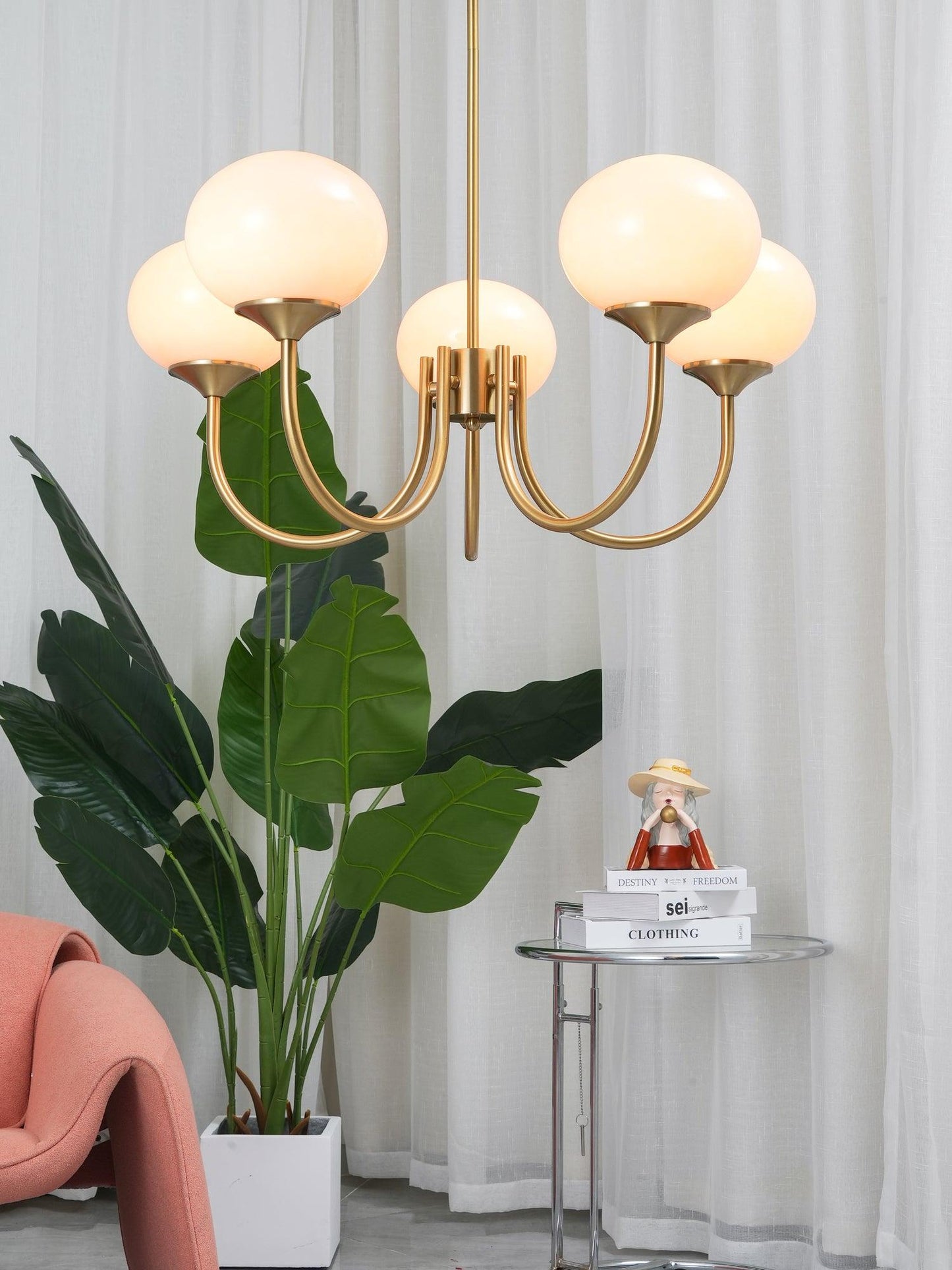 Marshmallow Chandelier | Gold Finish with Pink Glass Shades for Indoor Use & Modern Home Decor