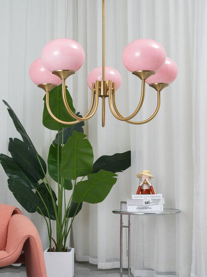 Marshmallow Chandelier | Gold Finish with Pink Glass Shades for Indoor Use & Modern Home Decor