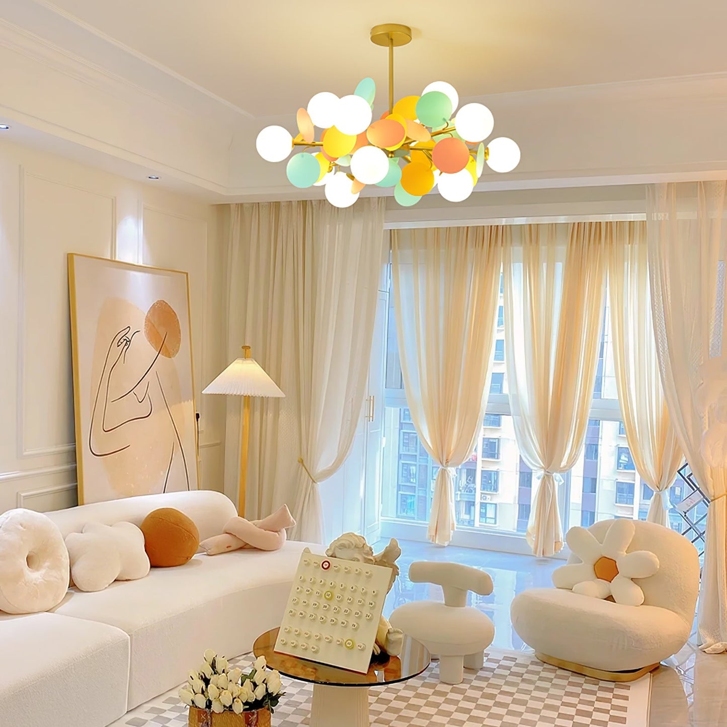 LED Tree Chandelier Light Fixture in Off White for Living Room & Dining Room Decor