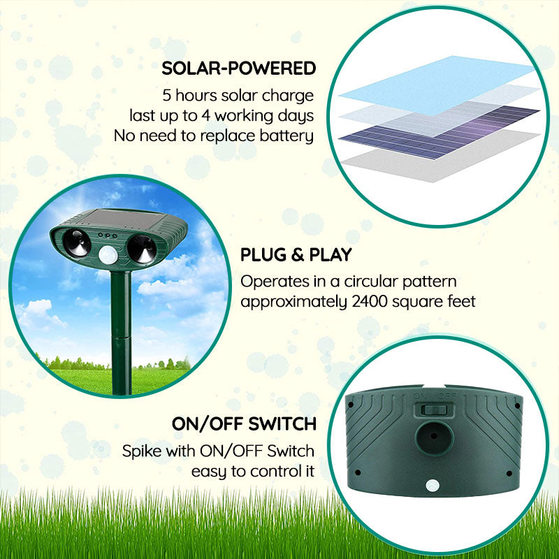 Infrared Solar Powered Animal Pest Repeller | Effective High-Frequency Sound for Garden Protection