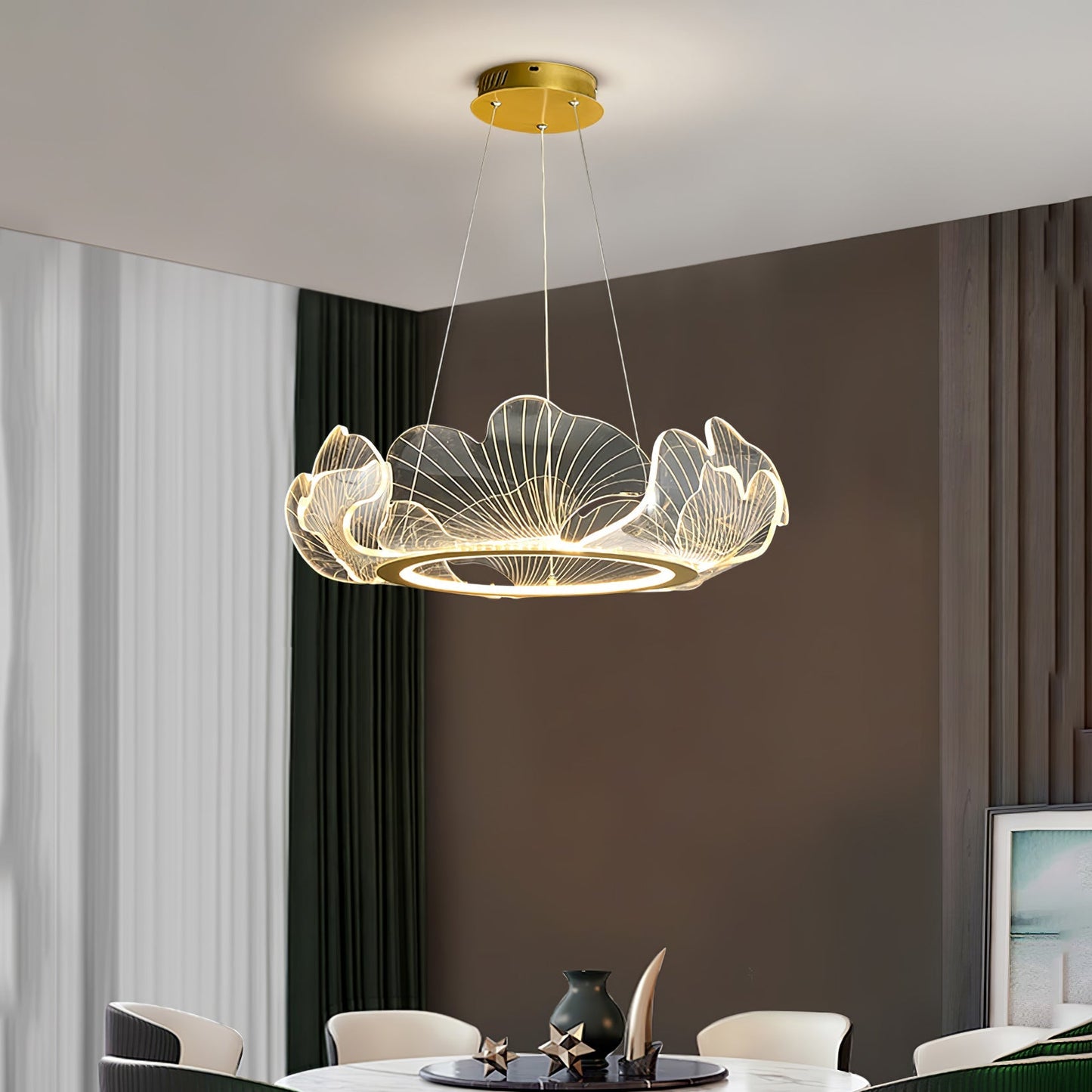 Leaf-Shaped LED Chandelier | Dimmable, Gold Finish & Ideal for Living Room or Office Spaces