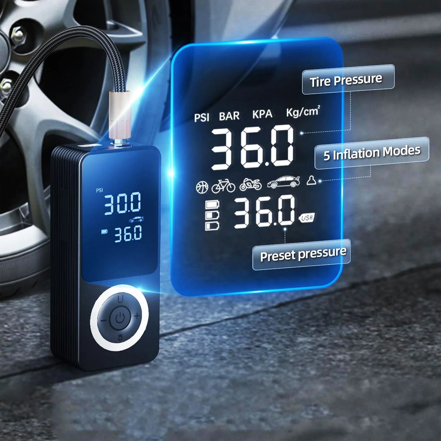 Portable Tire Inflator | Fast Inflation, Auto Shut-Off & Built-In Light for Cars and Inflatables