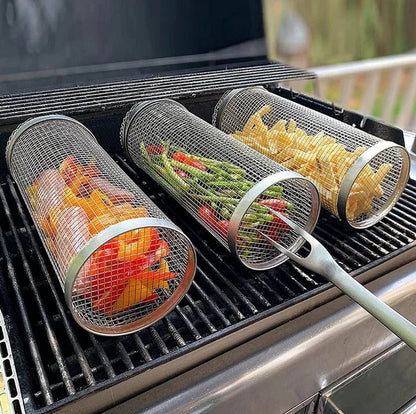 Stainless Steel Rolling BBQ Grill Basket | Non-Stick, Ergonomic Handle & Ideal for Grilling Vegetables, Seafood, and Meats