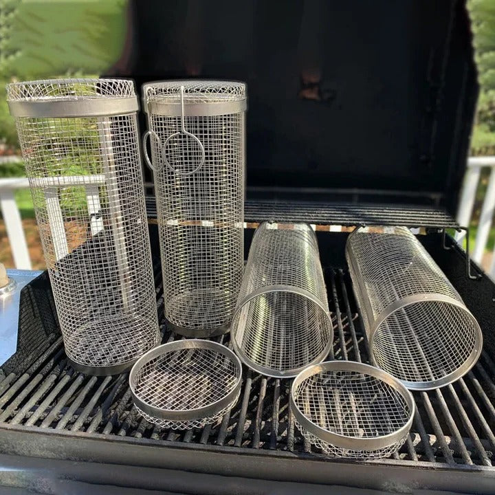 Stainless Steel Rolling BBQ Grill Basket | Non-Stick, Ergonomic Handle & Ideal for Grilling Vegetables, Seafood, and Meats