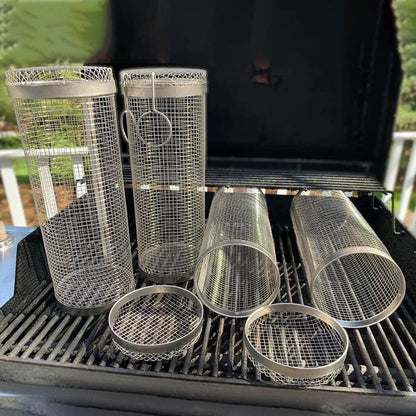 Stainless Steel Rolling BBQ Grill Basket | Non-Stick, Ergonomic Handle & Ideal for Grilling Vegetables, Seafood, and Meats