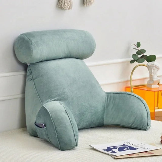 Backrest Pillow with Arms | Adjustable Headrest & Soft Velour Cover for Couch and Bed Comfort