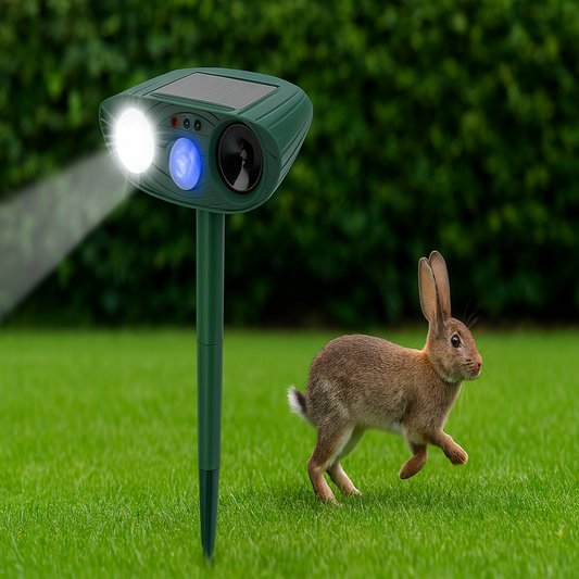 Solar Powered Ultrasonic Rabbit Repeller with Flashing Light – Effective Pest Control Device for Gardens, Yards, and Outdoor Spaces