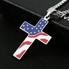 American Flag Patriotic Cross Religious Jewelry Enamel Pendant Necklace