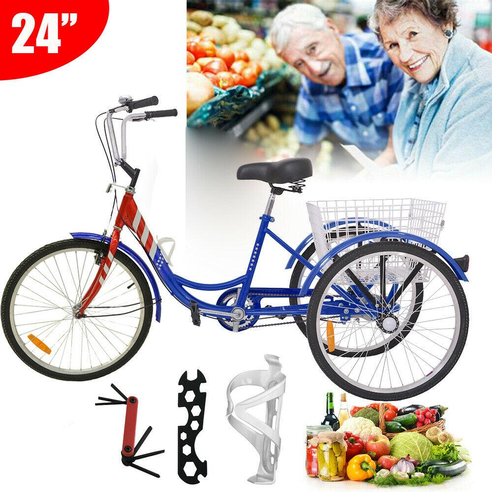 24 Inch Adult Tricycle Trike 3 Wheel Bike 6 Speed Shift + Shopping Basket