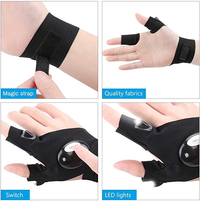 LED Flashlight Fingerless Gloves For Men Outdoor Fishing Gloves With Magic Strap