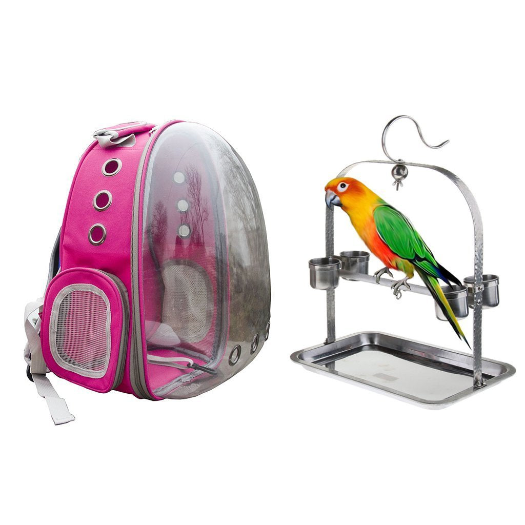 Clear Cover Parrot Bird Carrier Backpack with Stainless Steel Perch Stand & Feeder - Balma Home