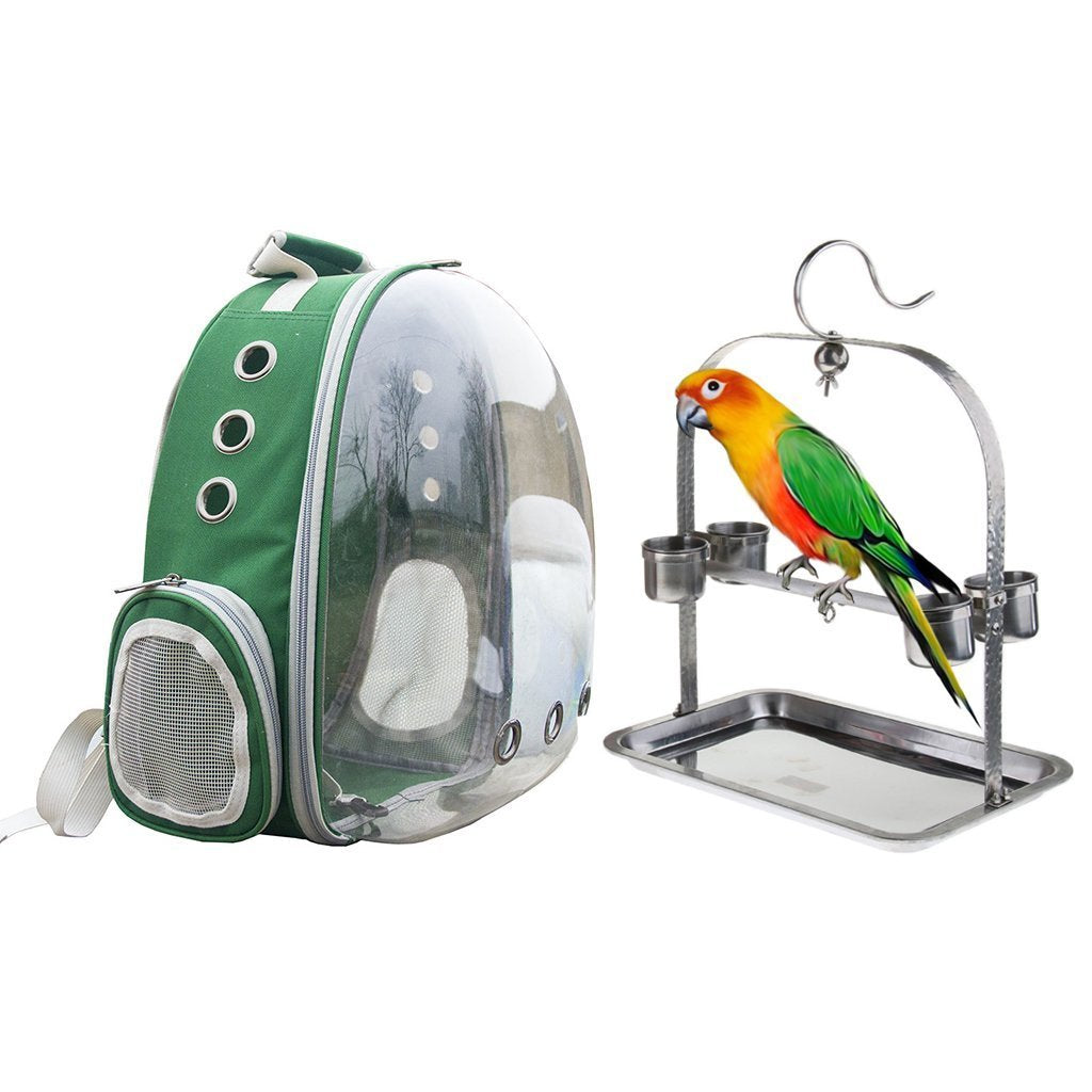 Clear Cover Parrot Bird Carrier Backpack with Stainless Steel Perch Stand & Feeder - Balma Home