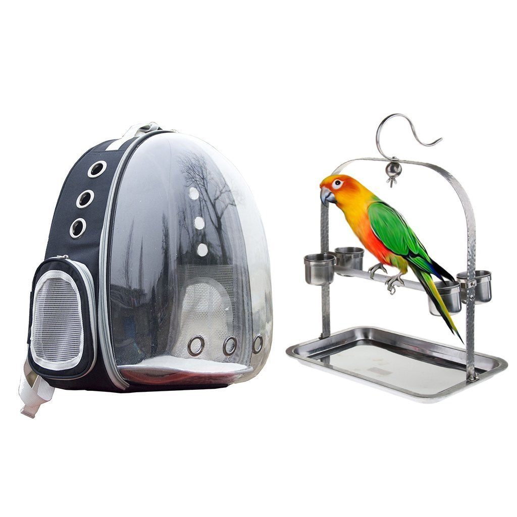 Clear Cover Parrot Bird Carrier Backpack with Stainless Steel Perch Stand & Feeder - Balma Home
