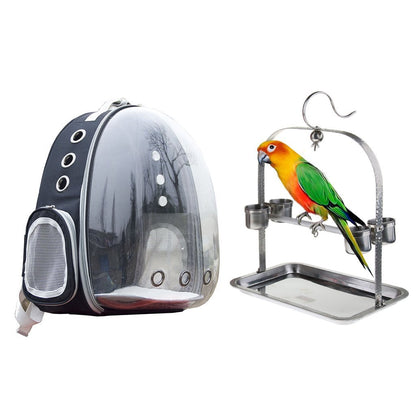 Clear Cover Parrot Bird Carrier Backpack with Stainless Steel Perch Stand & Feeder - Balma Home