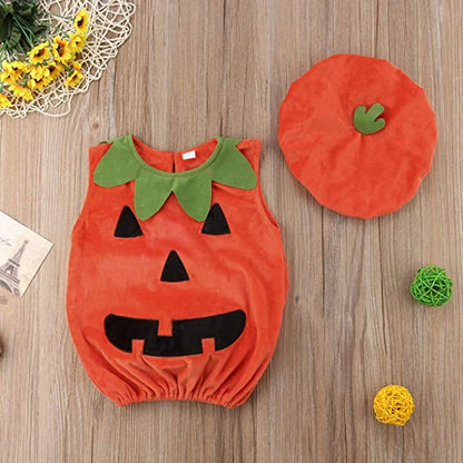 Baby Halloween Costumes Pumpkin 2 PCs Cosplay Idea Sleeveless Romper Jumpsuit