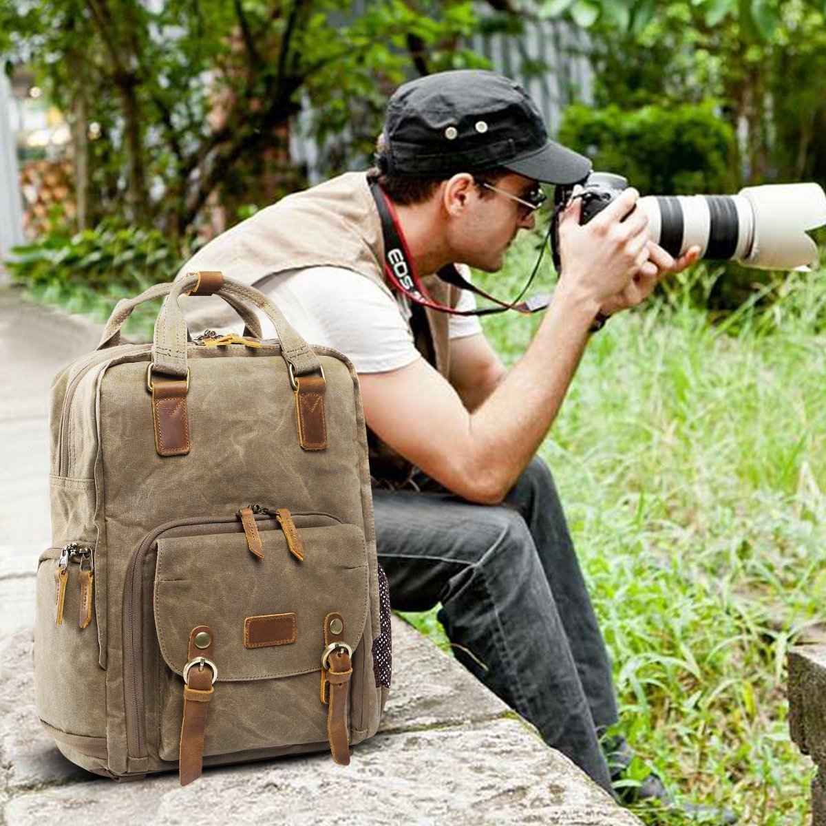 Waterproof Waxed Canvas Camera Backpack Fit 15.6 Inches Laptop