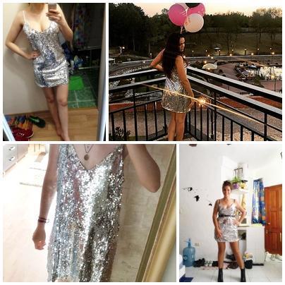 Deep V Neck Silver Sequin Backless Mini Dress - Balma Home