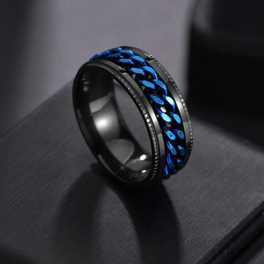 Black Tungsten Comfort Fit Wedding Band with Brush Center Bright Bevels and Deep Blue inside color - 8mm