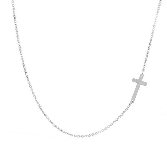 Sideways Curved Cross Pendant Necklace in Sterling Silver